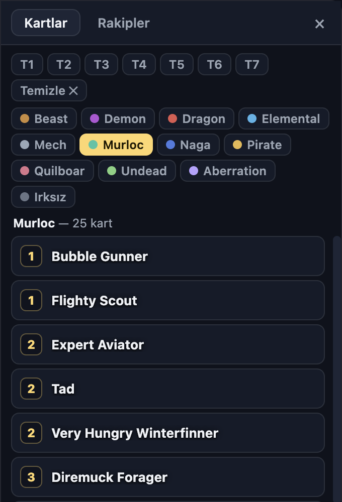 TavernSight kart paneli: Murloc ve Tier 3 filtresi seçili